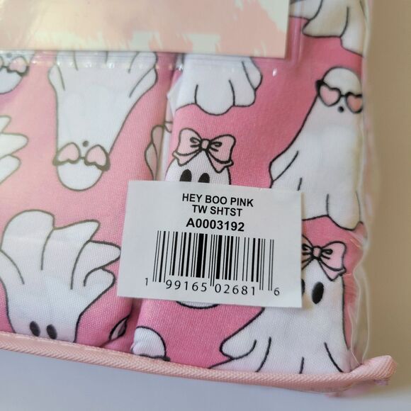 Betsey Johnson 4pc Pink Twin Sheet Set Hey Boo Ghosts w/ Bows Sunglasses Sheets - Picture 10 of 10